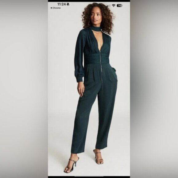 Reiss Kinley Plunge Tie Detail Green Jumpsuit - Picture 1 of 15
